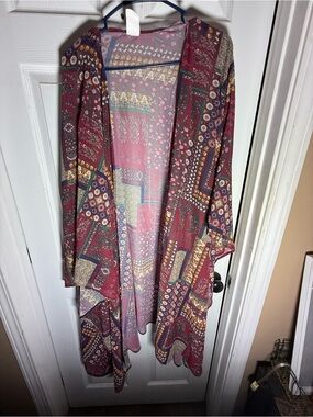 Boho Patchwork Open Front Cardigan in Burgundy with accent colors-2X